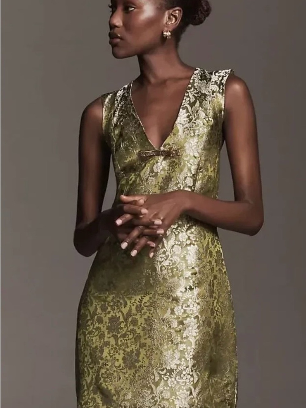 Maeve Olive Brocade V-Neck Sheath Dress